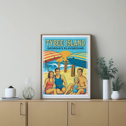 Retro beach poster featuring a family with "Tybee Island Georgia's Playground" text.