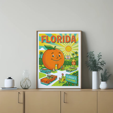 Vintage Florida travel poster with sun, orange, and classic cars.