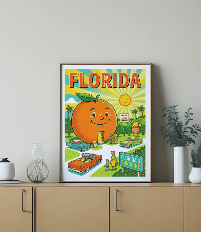 Vintage Florida travel poster with sun, orange, and classic cars.