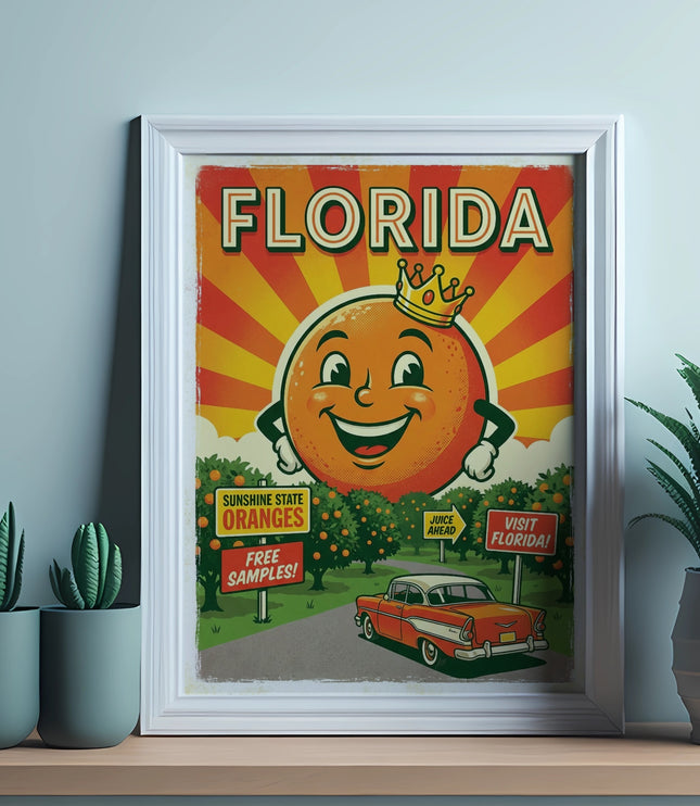 Florida postcard with orange mascot, classic car, and orange groves.