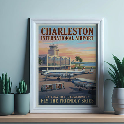 Charleston International Airport vintage travel poster with planes and text.