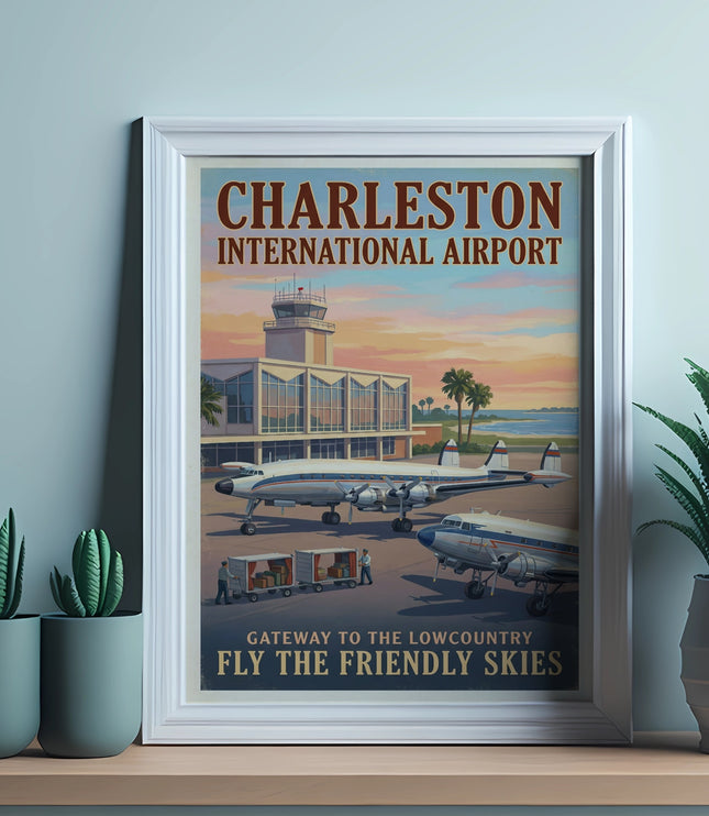 Charleston International Airport vintage travel poster with planes and text.