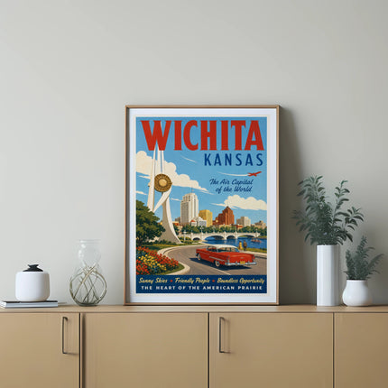 Wichita Kansas travel poster featuring a classic car and city skyline.