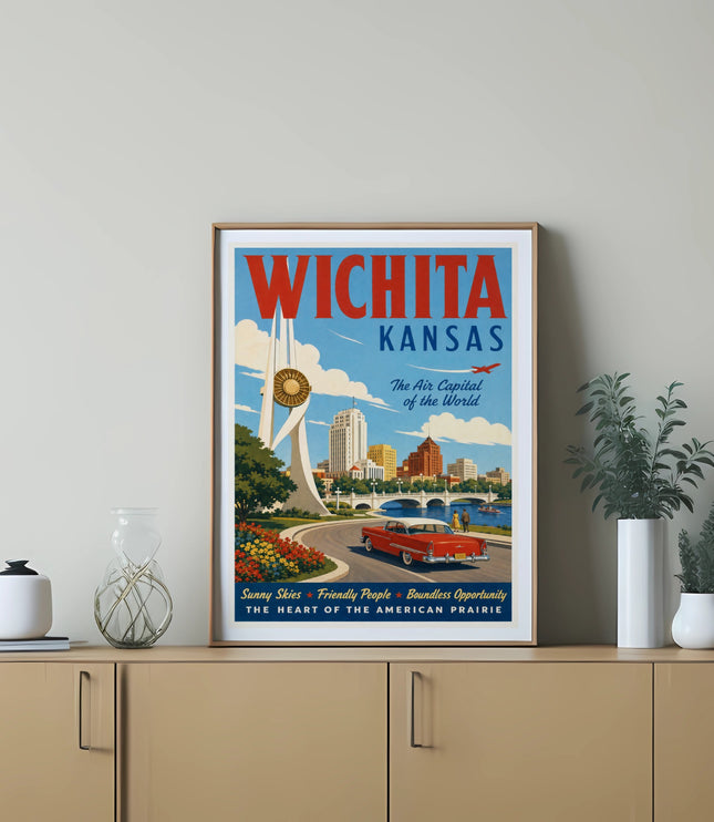 Wichita Kansas travel poster featuring a classic car and city skyline.