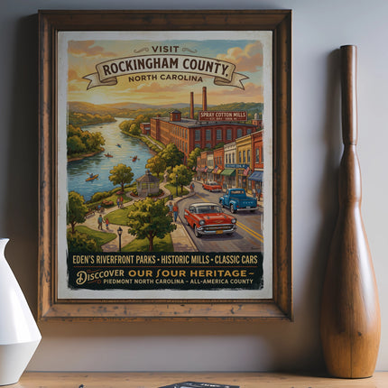 Vintage poster of Rockingham County, NC, showing river, mills, cars, and text.