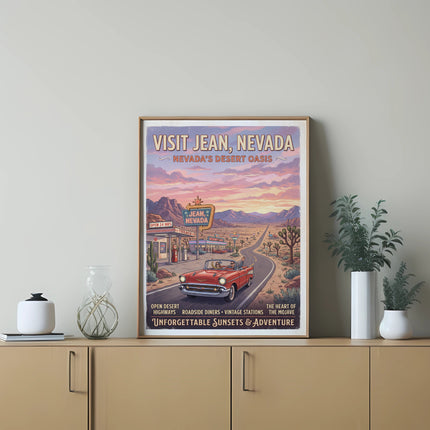 Vintage travel poster for Jean, Nevada, featuring a classic car and desert landscape.