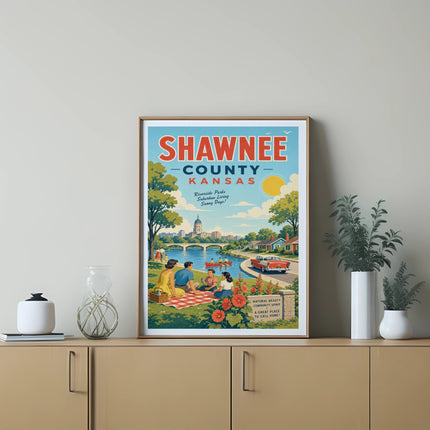 Shawnee County, Kansas travel poster with picnic scene and text about community.