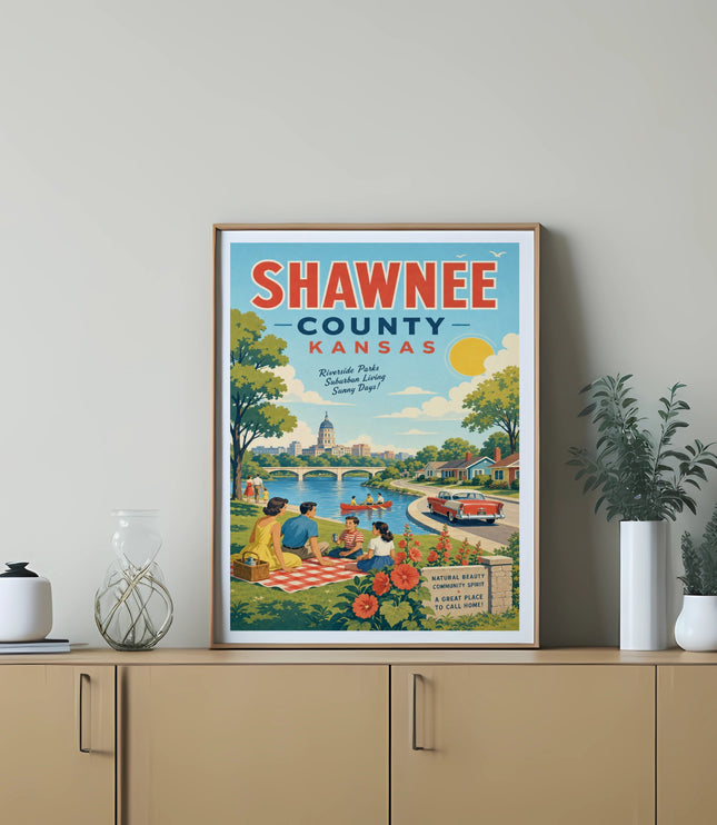 Shawnee County, Kansas travel poster with picnic scene and text about community.
