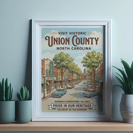Union County North Carolina vintage travel poster of Monroe's downtown street scene.