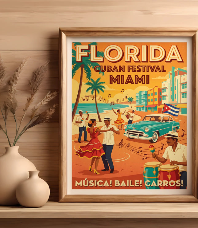 Florida Cuban Festival Miami poster with dancing, music, and vintage car.