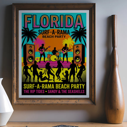 Florida Surf-a-Rama Beach Party poster with band and dancers.