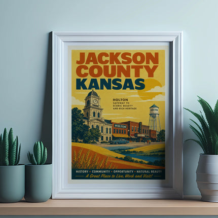 Holton, Jackson County, Kansas vintage travel poster with town scene and slogan.