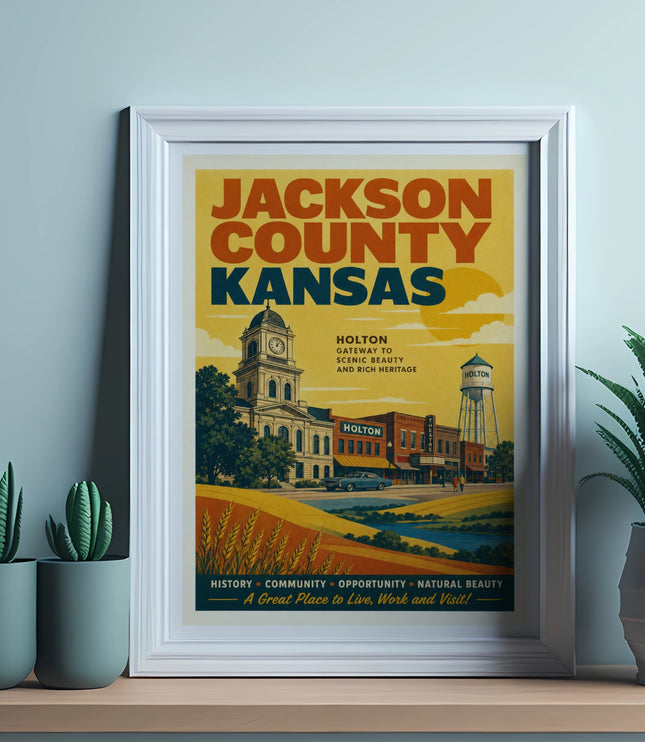 Holton, Jackson County, Kansas vintage travel poster with town scene and slogan.