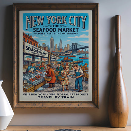 Vintage New York City Seafood Market poster with boats and text.