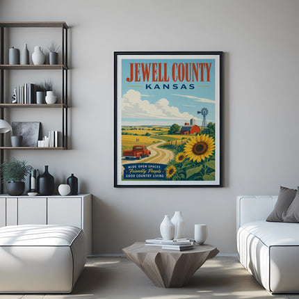 Jewell County Kansas vintage travel poster with farm, sunflower, and truck.