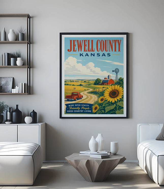 Jewell County Kansas vintage travel poster with farm, sunflower, and truck.