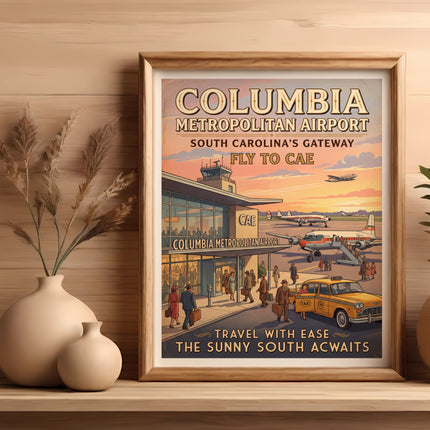 Vintage travel poster for Columbia Metropolitan Airport, South Carolina.