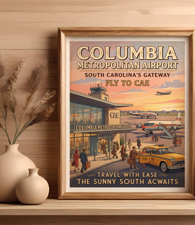 Vintage travel poster for Columbia Metropolitan Airport, South Carolina.