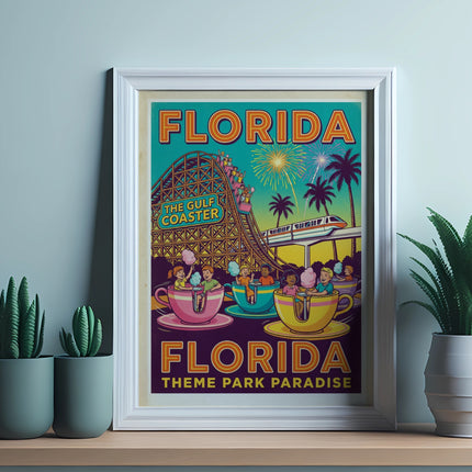 The Great Coaster, Florida Theme Park Paradise poster in a white frame.