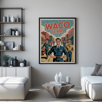 Waco Texas vintage travel poster with three men in suits.