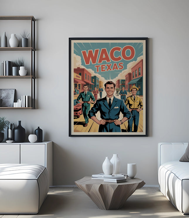 Waco Texas vintage travel poster with three men in suits.