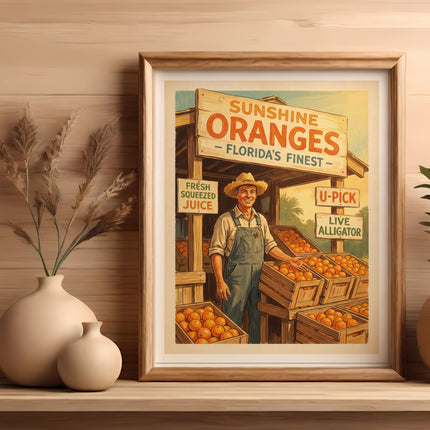 Framed sign for "Sunshine Oranges - Florida's Finest" with fruit and a farmer.