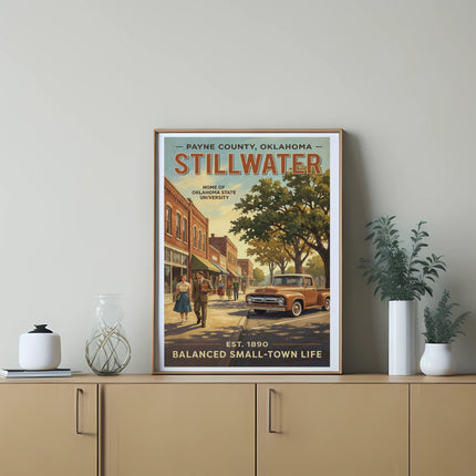 Stillwater, Oklahoma poster featuring downtown scene with people, truck, and text.