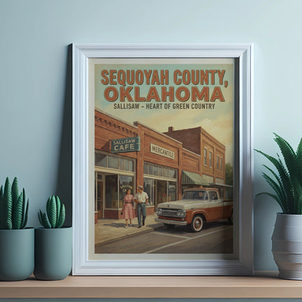 Framed art showing Sequoyah County, Oklahoma with Sallisaw Cafe and Mercantile.