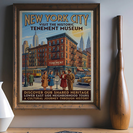 Vintage Tenement Museum poster featuring street scene and museum details.
