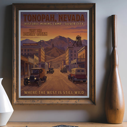 Tonopah, Nevada vintage travel poster featuring historic buildings and cars.