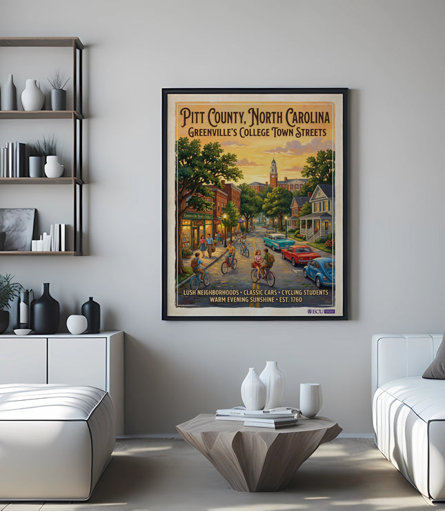 Poster: Pitt County, NC, Greenville College Town Streets, with people, cars and buildings.