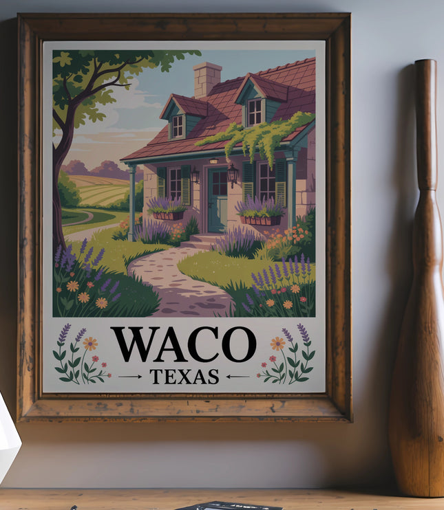 Waco, Texas travel poster with a quaint cottage and garden.