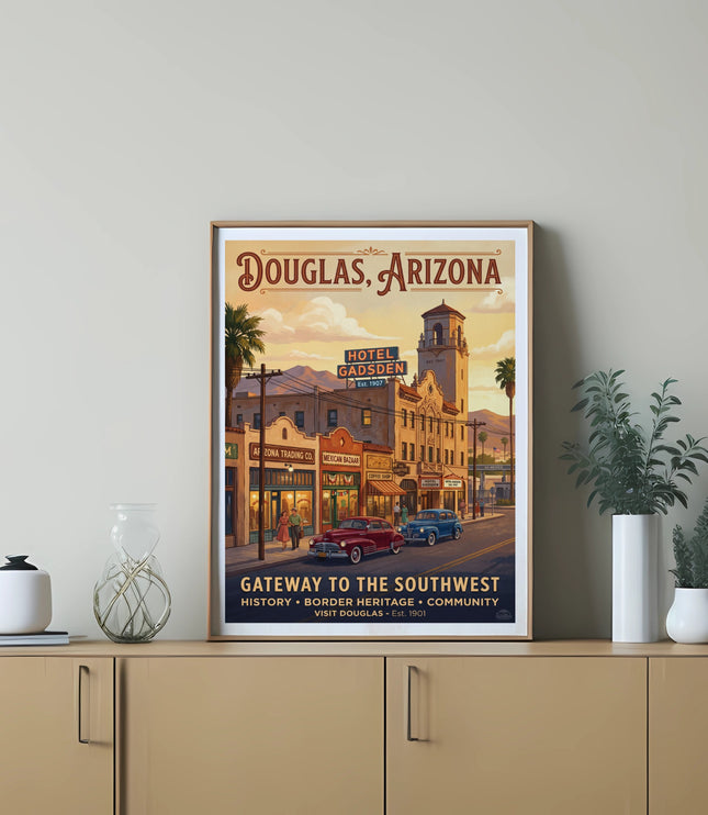 Douglas, Arizona vintage poster featuring Hotel Gadsden and "Gateway to the Southwest."