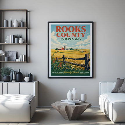Framed poster for Rooks County, Kansas, featuring a rural landscape with a barn and wheat field.