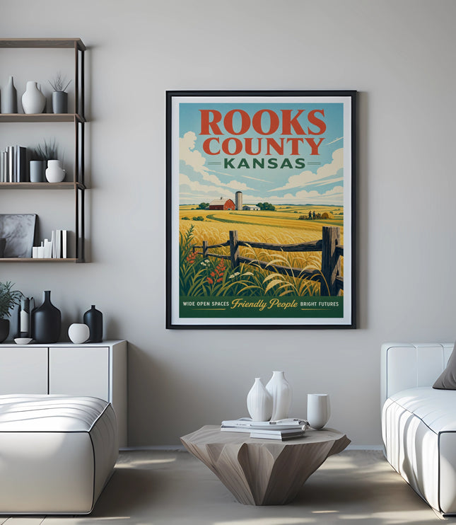 Framed poster for Rooks County, Kansas, featuring a rural landscape with a barn and wheat field.