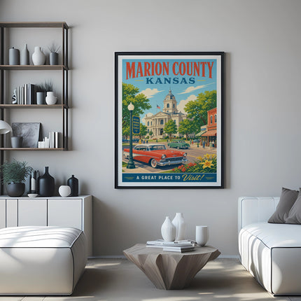 Vintage Marion County Kansas travel poster featuring a classic car and town square.