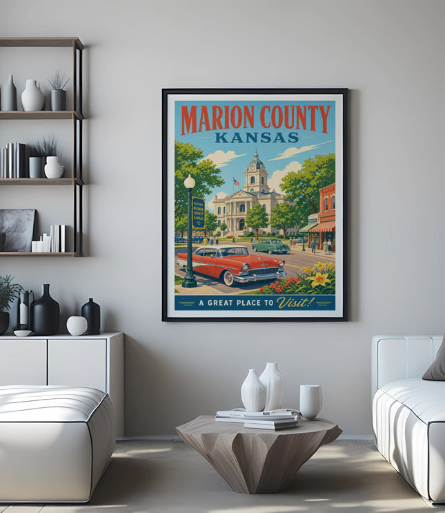 Vintage Marion County Kansas travel poster featuring a classic car and town square.
