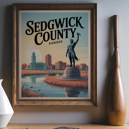 Sedgwick County Kansas vintage poster showing a statue and city skyline.