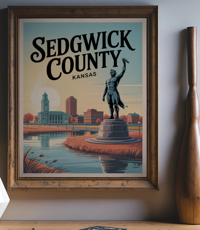 Sedgwick County Kansas vintage poster showing a statue and city skyline.