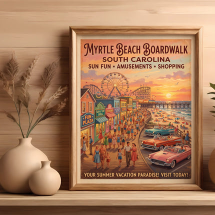 Myrtle Beach Boardwalk, South Carolina poster with amusements, shops, and beachgoers.