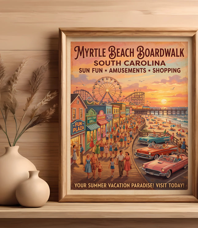 Myrtle Beach Boardwalk, South Carolina poster with amusements, shops, and beachgoers.
