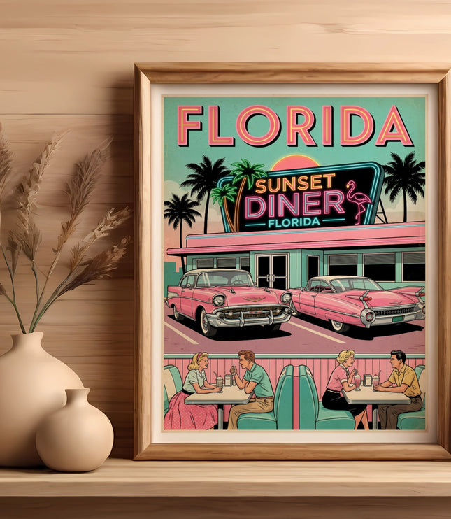 Retro Florida Sunset Diner print with pink cars and people at tables.