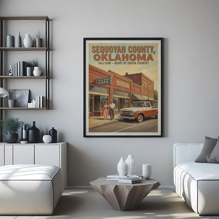 Sequoyah County, Oklahoma travel poster with vintage truck and couple.