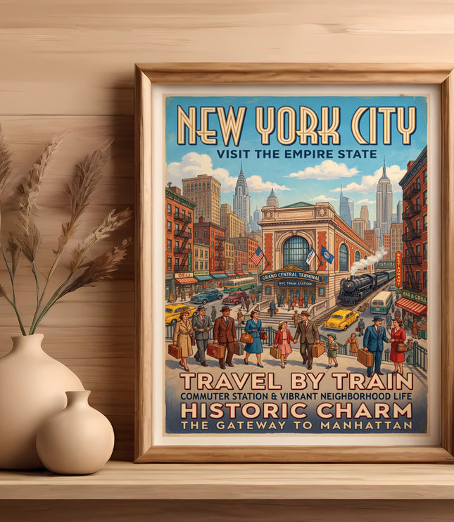 New York City vintage travel poster showing Grand Central Terminal and city skyline.