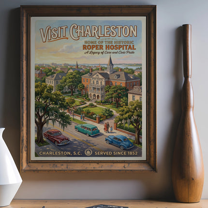 Vintage poster of Charleston, SC featuring Roper Hospital and text.