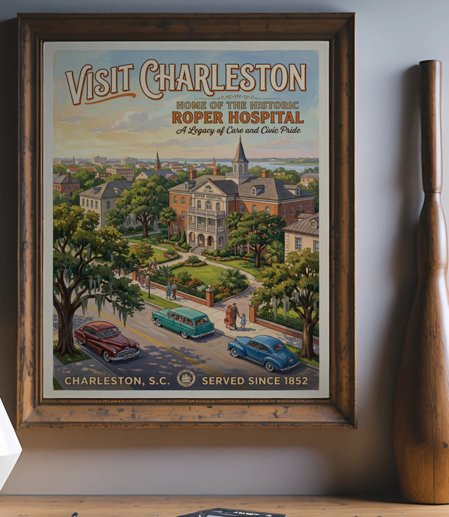 Vintage poster of Charleston, SC featuring Roper Hospital and text.