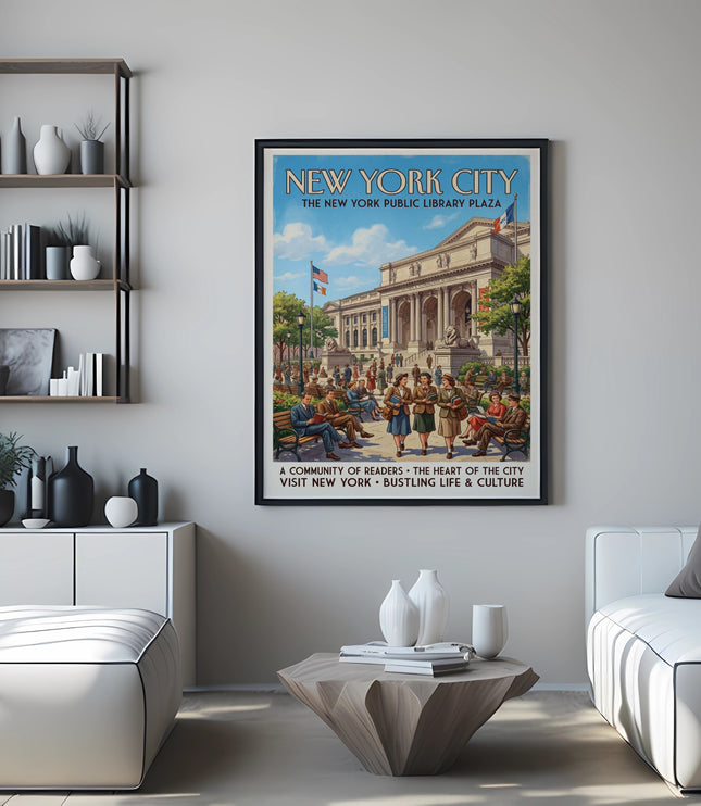 New York City travel poster of the Public Library Plaza with people.