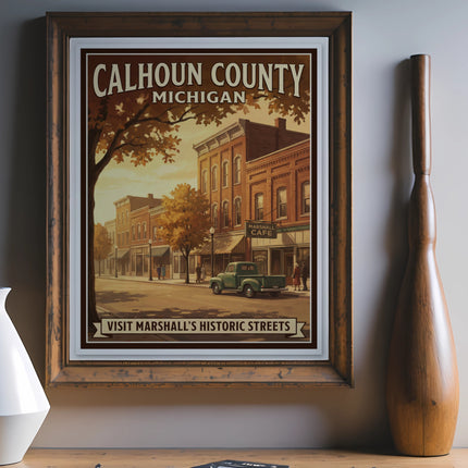 Calhoun County Michigan vintage travel poster with a green truck and historic streets.
