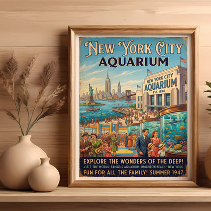 Vintage New York City Aquarium poster with families exploring sea life.