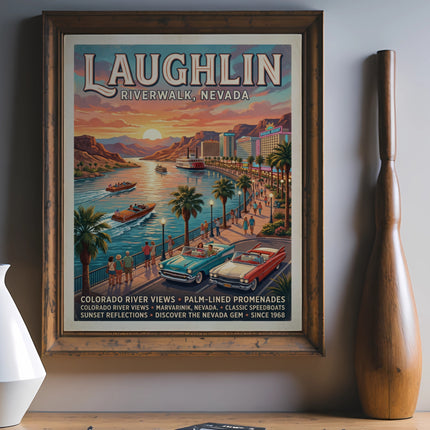 Framed Laughlin Riverwalk, Nevada vintage poster with classic cars and river scene.